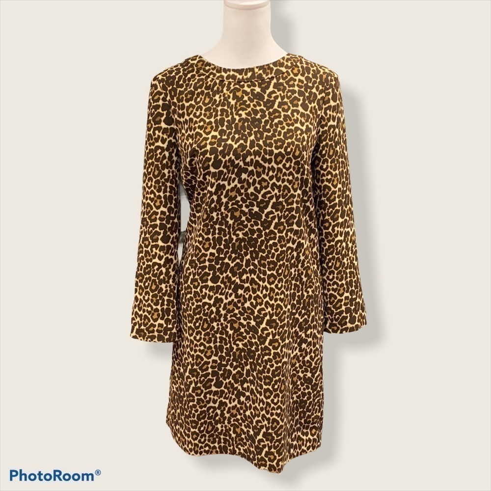 J.Crew Leopard Print Long Sleeve Shift Dress K2150 Brown Tan Size 00 NWT